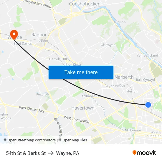 54th St & Berks St to Wayne, PA map