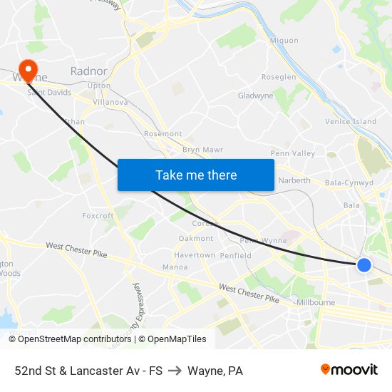 52nd St & Lancaster Av - FS to Wayne, PA map