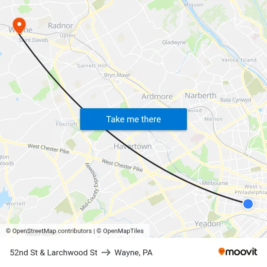 52nd St & Larchwood St to Wayne, PA map