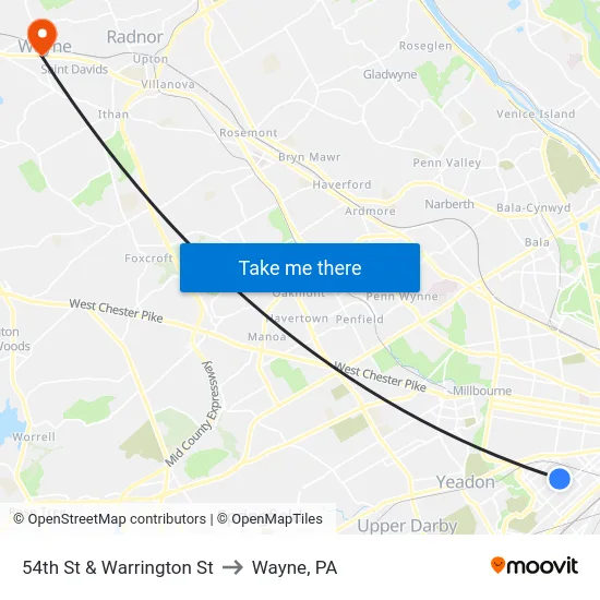 54th St & Warrington St to Wayne, PA map