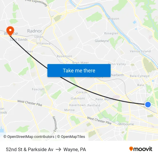 52nd St & Parkside Av to Wayne, PA map
