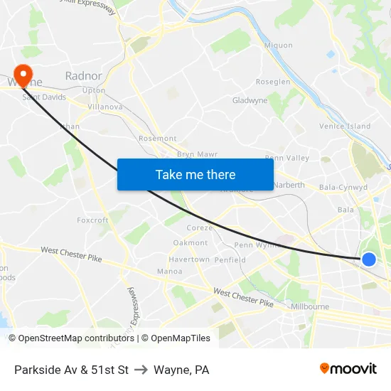 Parkside Av & 51st St to Wayne, PA map