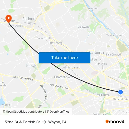 52nd St & Parrish St to Wayne, PA map