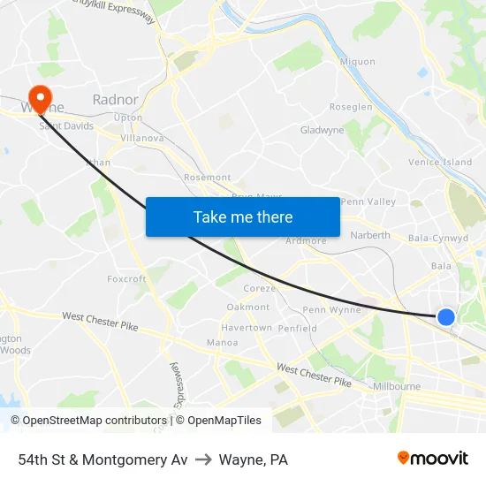 54th St & Montgomery Av to Wayne, PA map