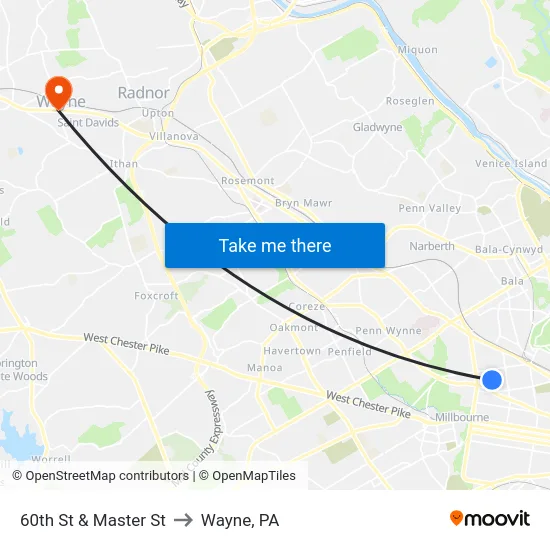 60th St & Master St to Wayne, PA map