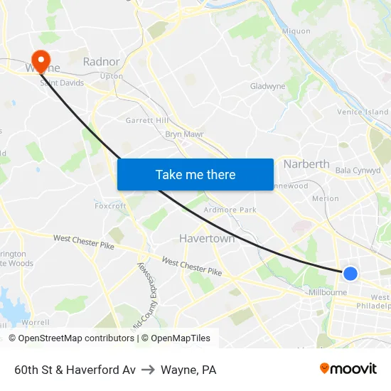60th St & Haverford Av to Wayne, PA map