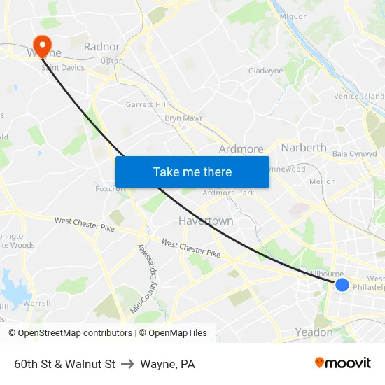 60th St & Walnut St to Wayne, PA map