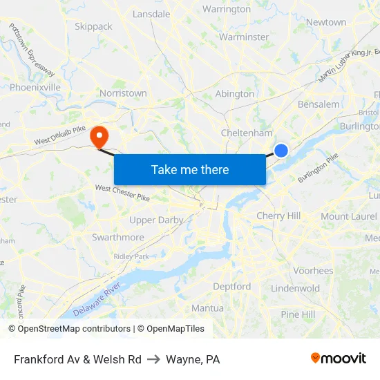 Frankford Av & Welsh Rd to Wayne, PA map