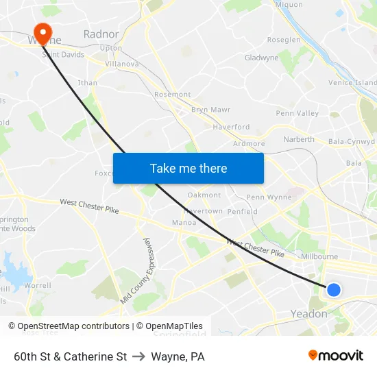 60th St & Catherine St to Wayne, PA map