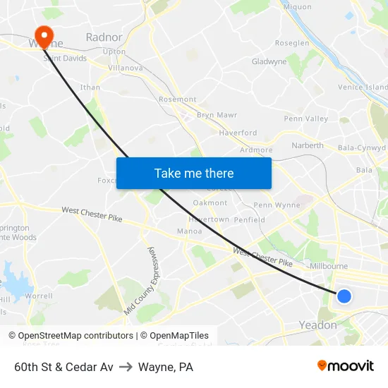 60th St & Cedar Av to Wayne, PA map