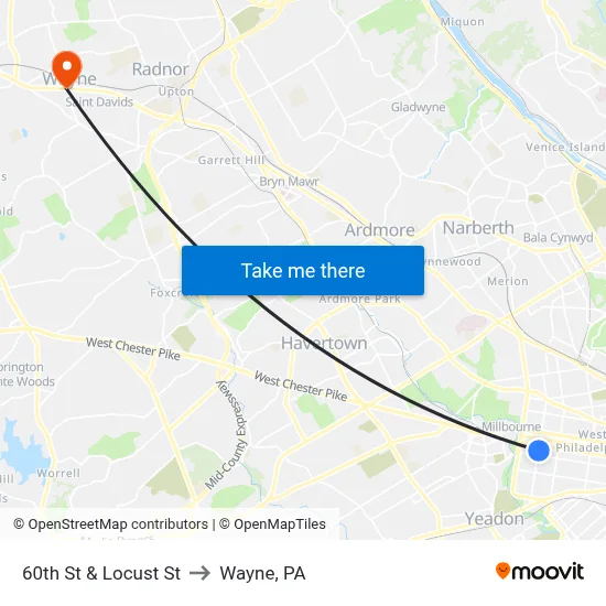 60th St & Locust St to Wayne, PA map