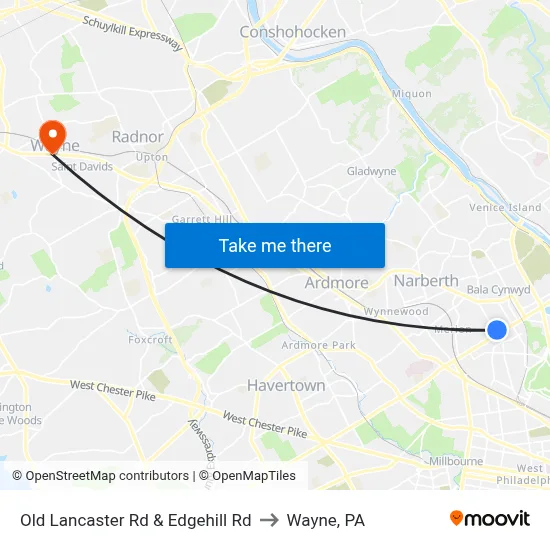 Old Lancaster Rd & Edgehill Rd to Wayne, PA map
