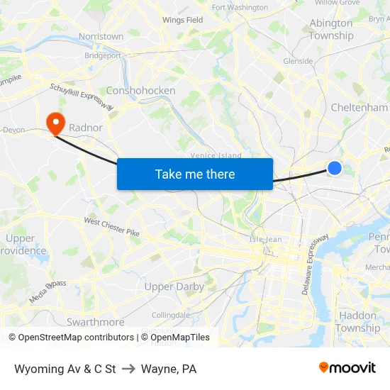 Wyoming Av & C St to Wayne, PA map