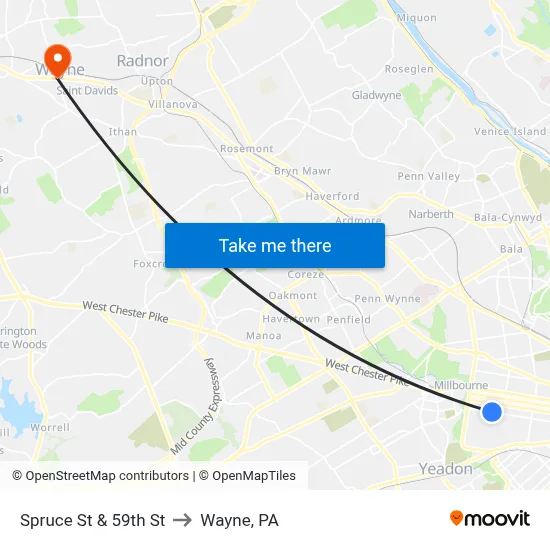 Spruce St & 59th St to Wayne, PA map