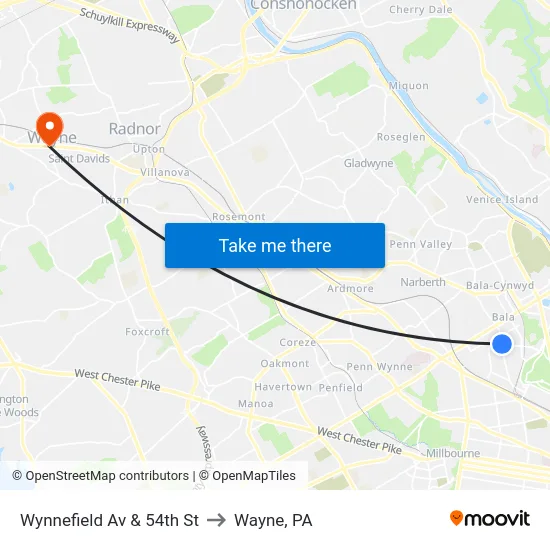 Wynnefield Av & 54th St to Wayne, PA map