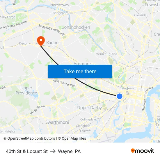 40th St & Locust St to Wayne, PA map