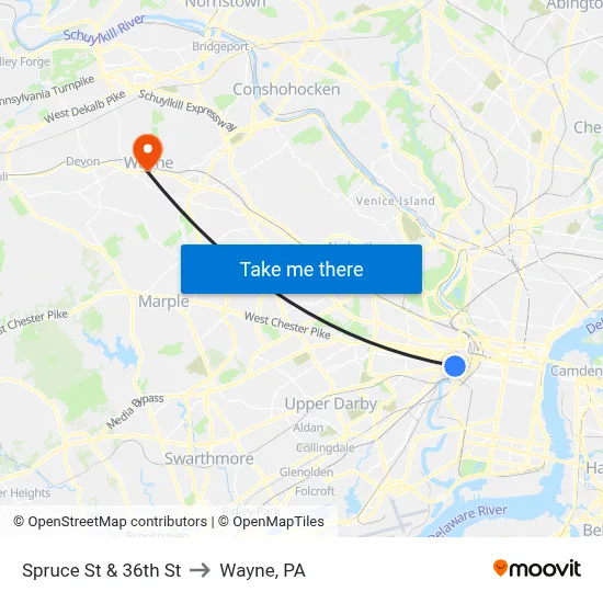 Spruce St & 36th St to Wayne, PA map