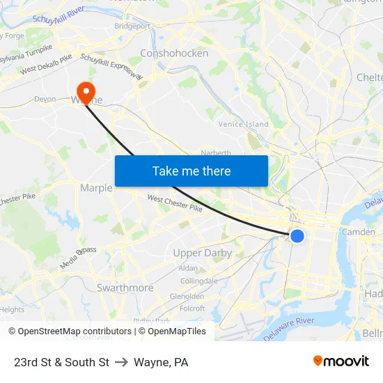 23rd St & South St to Wayne, PA map
