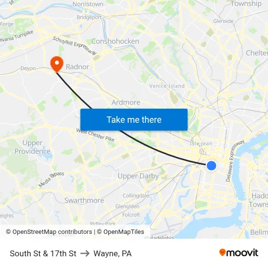 South St & 17th St to Wayne, PA map