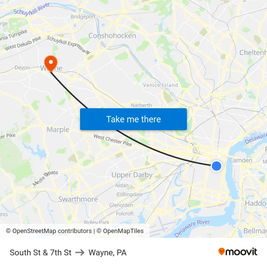 South St & 7th St to Wayne, PA map