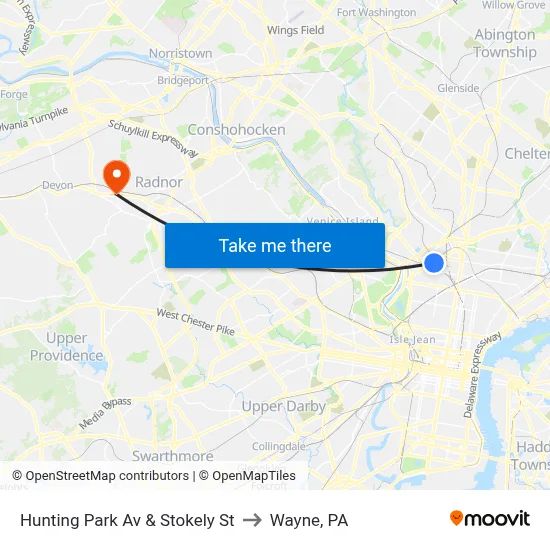 Hunting Park Av & Stokely St to Wayne, PA map