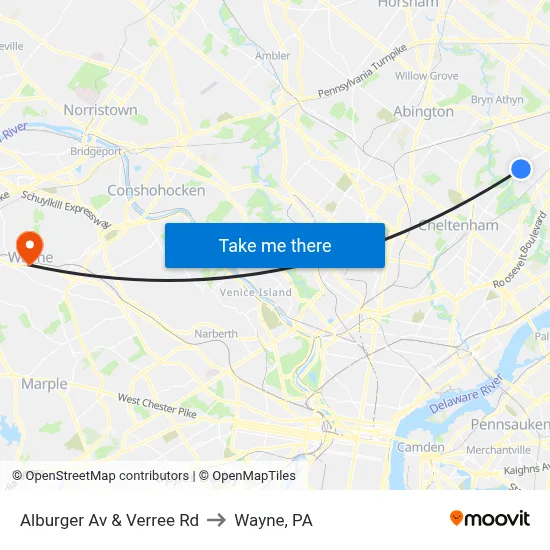 Alburger Av & Verree Rd to Wayne, PA map
