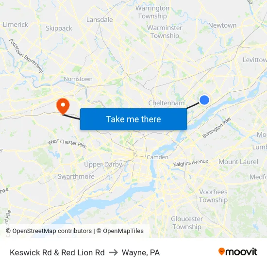Keswick Rd & Red Lion Rd to Wayne, PA map