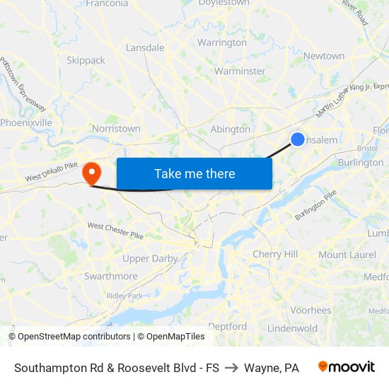 Southampton Rd & Roosevelt Blvd - FS to Wayne, PA map