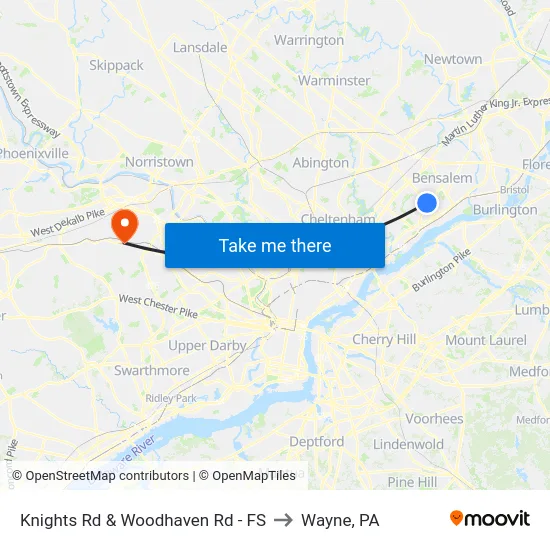 Knights Rd & Woodhaven Rd - FS to Wayne, PA map