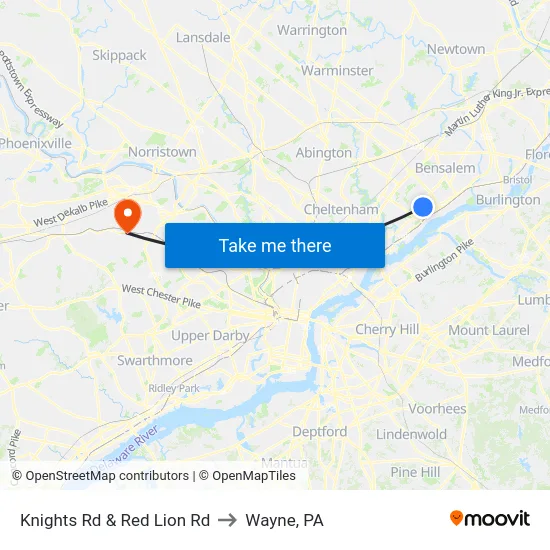 Knights Rd & Red Lion Rd to Wayne, PA map
