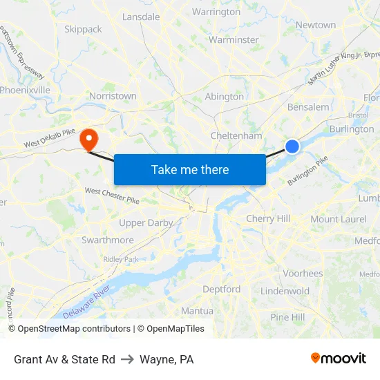 Grant Av & State Rd to Wayne, PA map