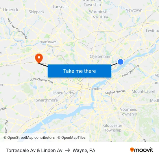 Torresdale Av & Linden Av to Wayne, PA map