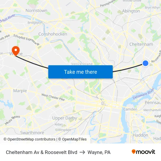 Cheltenham Av & Roosevelt Blvd to Wayne, PA map