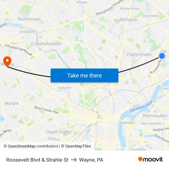 Roosevelt Blvd & Strahle St to Wayne, PA map