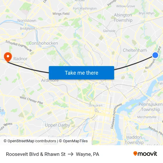 Roosevelt Blvd & Rhawn St to Wayne, PA map