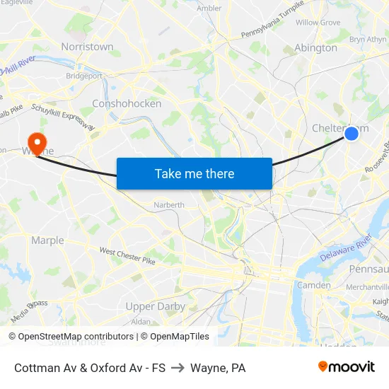 Cottman Av & Oxford Av - FS to Wayne, PA map