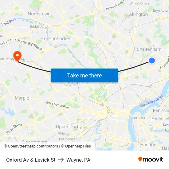 Oxford Av & Levick St to Wayne, PA map
