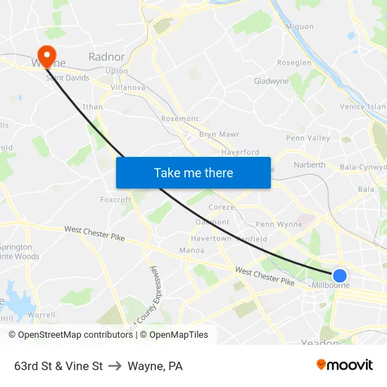 63rd St & Vine St to Wayne, PA map