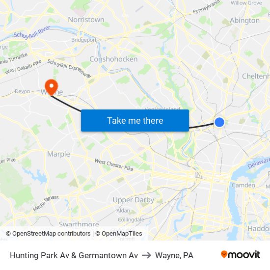 Hunting Park Av & Germantown Av to Wayne, PA map