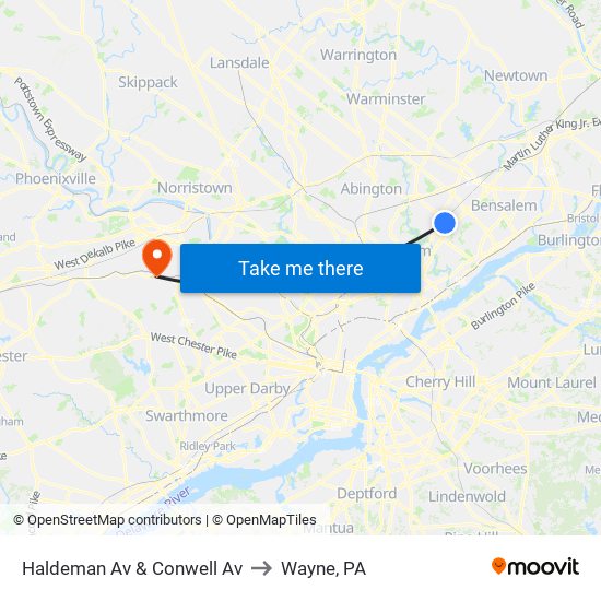 Haldeman Av & Conwell Av to Wayne, PA map