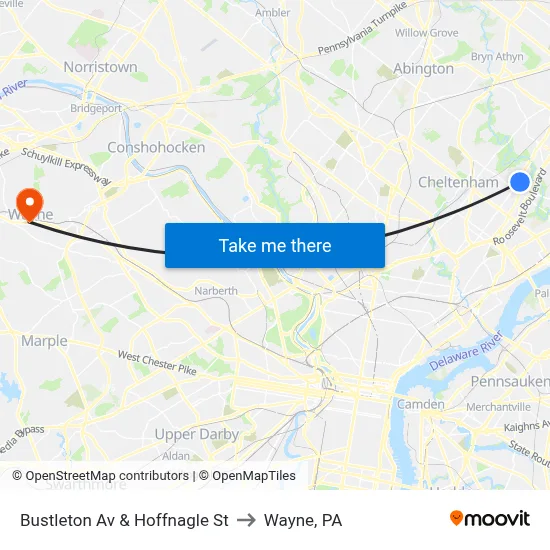 Bustleton Av & Hoffnagle St to Wayne, PA map