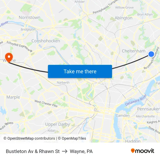 Bustleton Av & Rhawn St to Wayne, PA map
