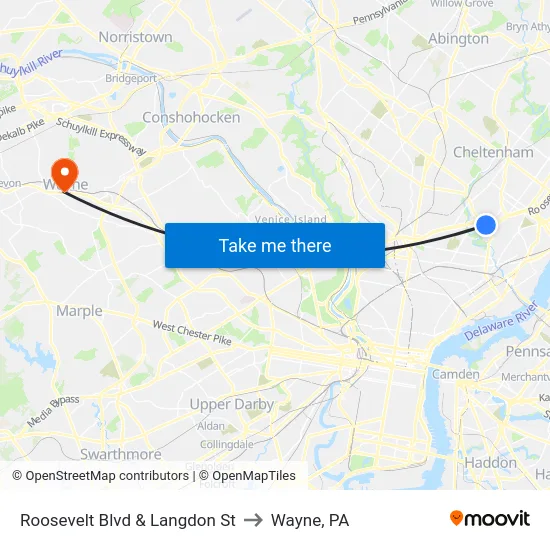 Roosevelt Blvd & Langdon St to Wayne, PA map
