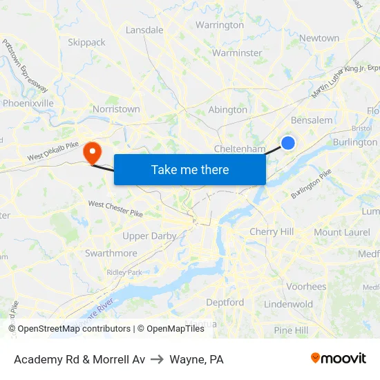 Academy Rd & Morrell Av to Wayne, PA map