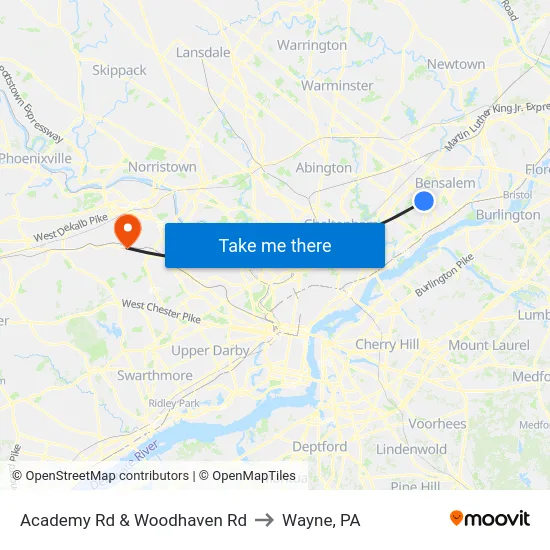 Academy Rd & Woodhaven Rd to Wayne, PA map