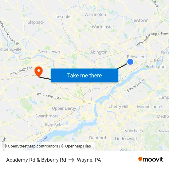 Academy Rd & Byberry Rd to Wayne, PA map