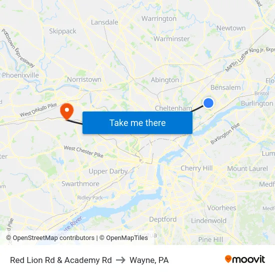 Red Lion Rd & Academy Rd to Wayne, PA map