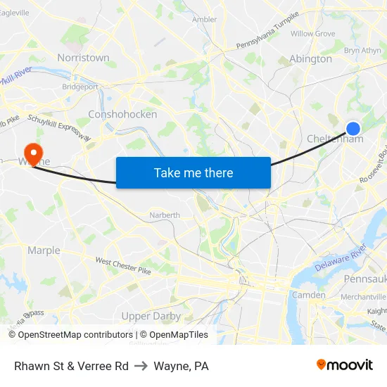 Rhawn St & Verree Rd to Wayne, PA map
