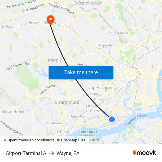 Airport Terminal A to Wayne, PA map