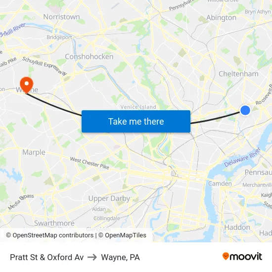 Pratt St & Oxford Av to Wayne, PA map